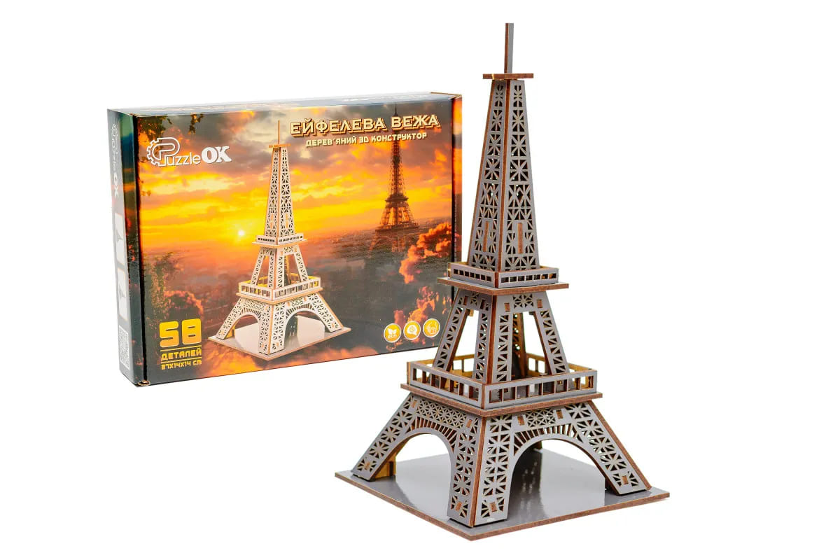 Конструктор дерев'яний 3D PuzzleOK Ейфелева вежа 58 елементів картонна коробка Puz-00925