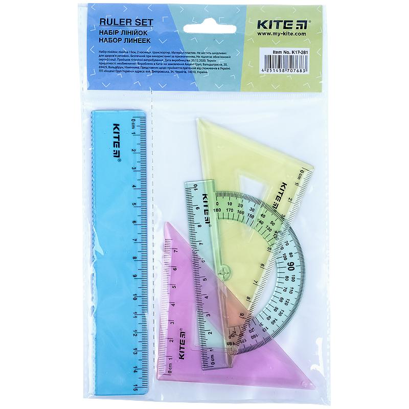 Набор из линейки Kite обычный 15см транспортир и 2 треугольника K17-281